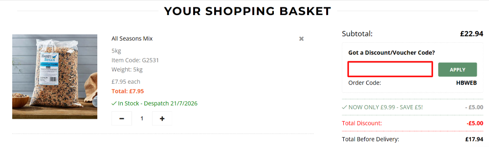 The checkout page with where to paste the Happy Beaks discount code in a red box