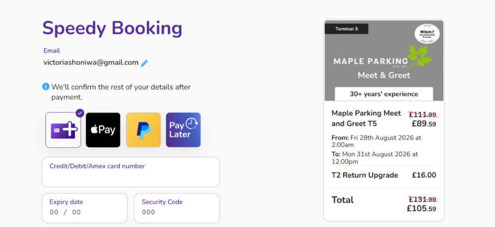 The Holiday Extras checkout page