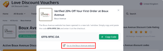 Highlighted in a red box is the link that automatically takes you to the Boux Avenue website