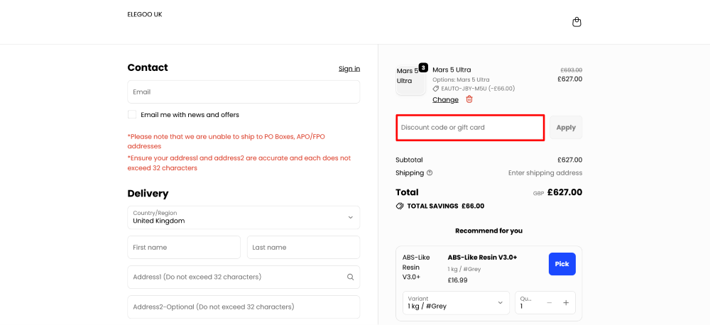 The checkout page shows where to apply your ELEGOO discount code