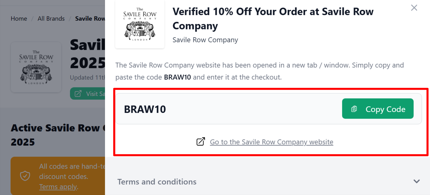 Savile Row Company offer code for customers to copy for later shopping