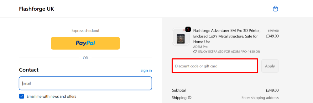 The checkout page showing the Flashforge promo code box