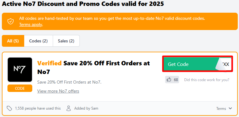The Love Discount Vouchers page showing a No7 discount code highlighted with a red box