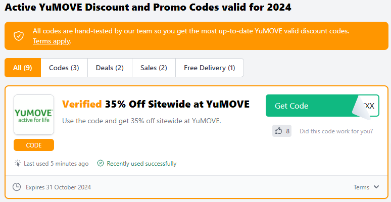 The discount codes displayed on the Love Discount Vouchers page with all the code terms and conditions.