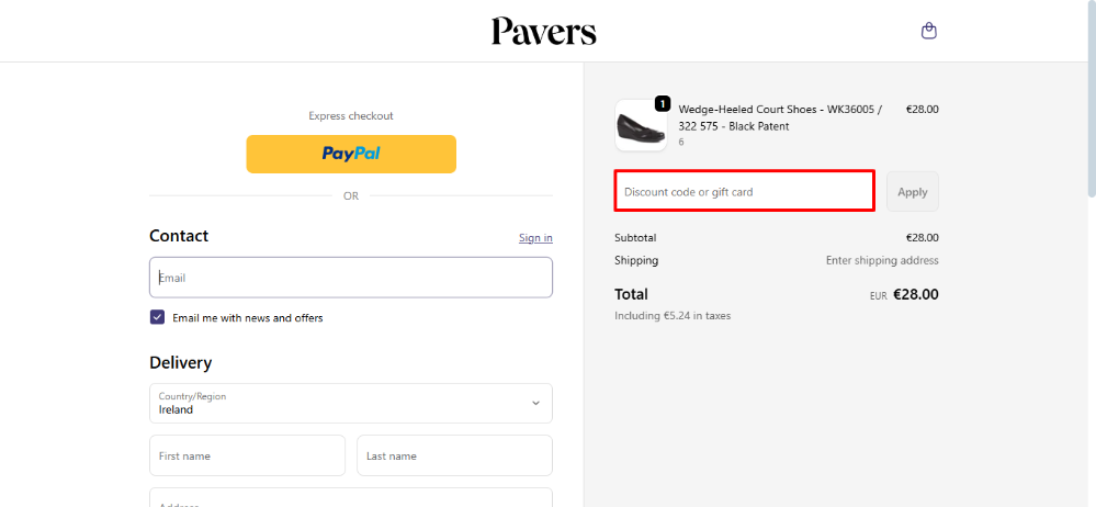 Pavers discount code place highlighted by a red box