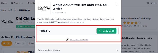The highlighted red box shows the link that takes you to the Chi Chi London website
