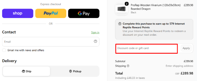 A box where you can add your Internet Reptile voucher code to redeem it