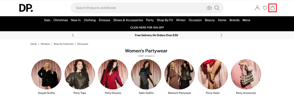 A Dorothy Perkins shopping page with different shopping categories