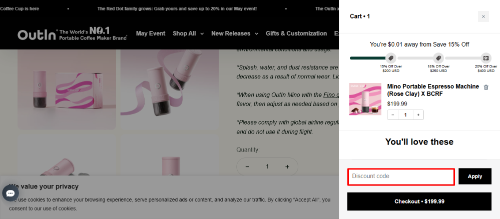 Outin promo code box in the shopping cart pop up