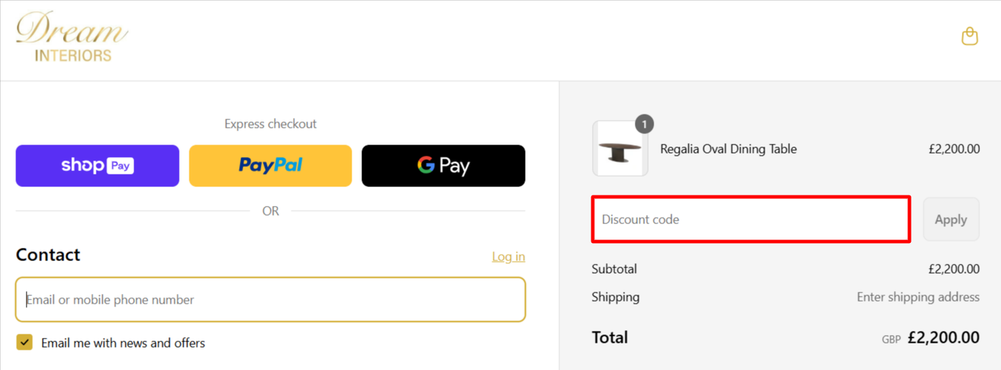 The Dream Interiors checkout page