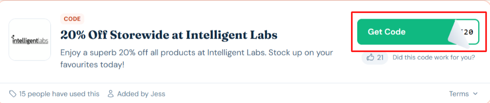An Intelligent Labs voucher code with "Get Code" in a red box