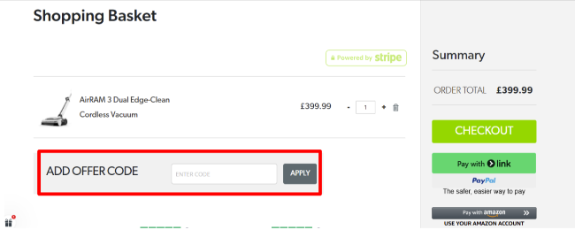 Paste your offer code in the box highlighted in red to redeem it