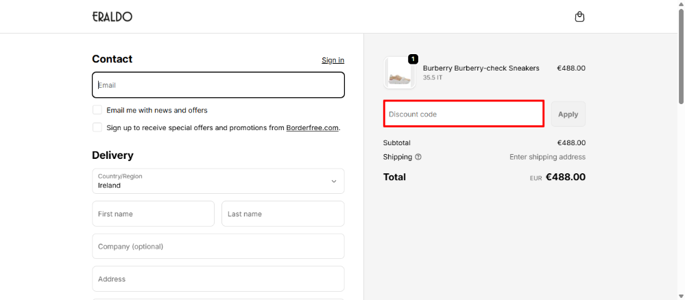 Apply your Eraldo discount code to the box in red
