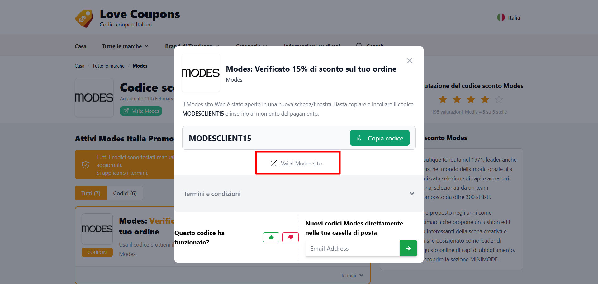 collegamento che porta al sito ufficiale Modes in cui fare shopping e inserire il coupon Modes