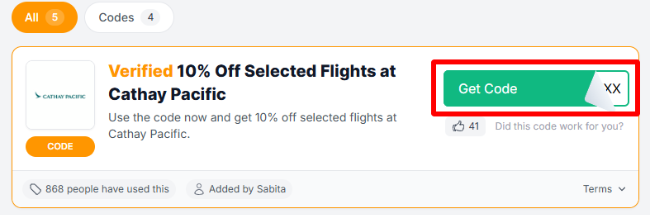 verified 10% off selected flights at Cathay Pacific on us