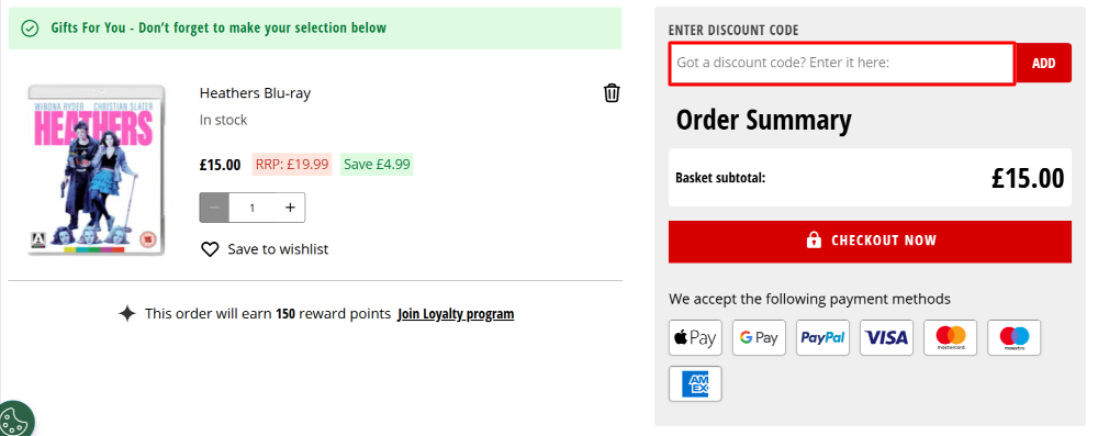 The Arrow Films shopping basket page with where to paste the Arrow Films voucher code in a red box