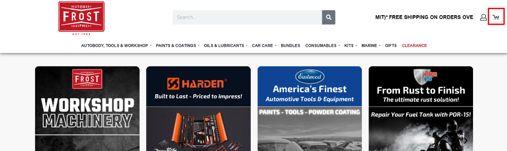 The Frost website and the shopping categories