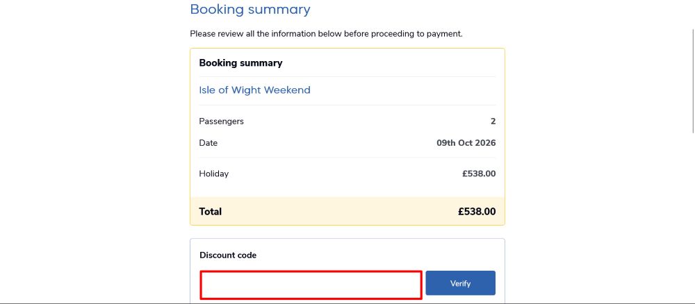 The checkout page for Just Go Holidays, where you paste the code