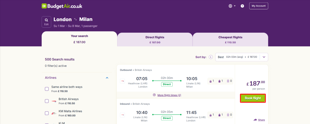 Different flight options on BudgetAir