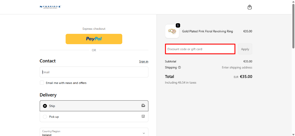 Newbridge discount code box hghlighted by a red box
