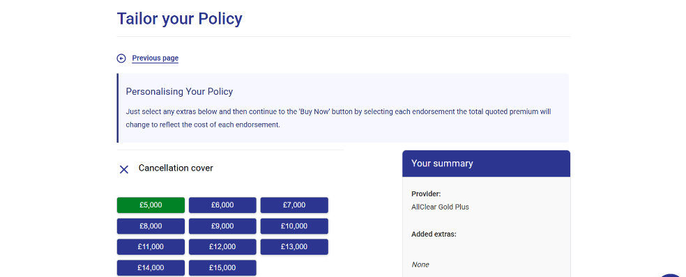 The AllClear Travel Insurance payment page with add ons