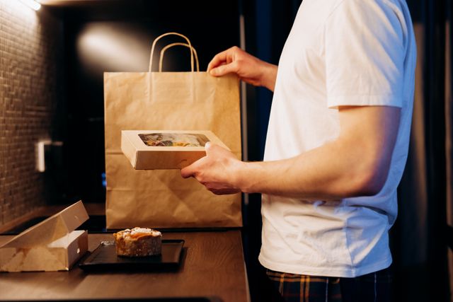 How to save money on food: A man opening his takeaway delivery in the kitchen