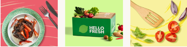 Three HelloFresh-themed on colourful backgrounds
