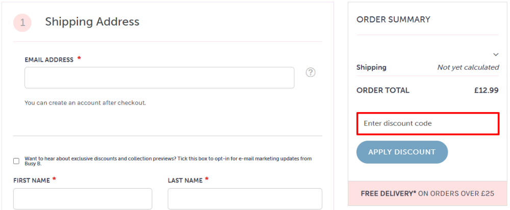 The Busy B checkout page with where to paste the Busy B discount code in a red box