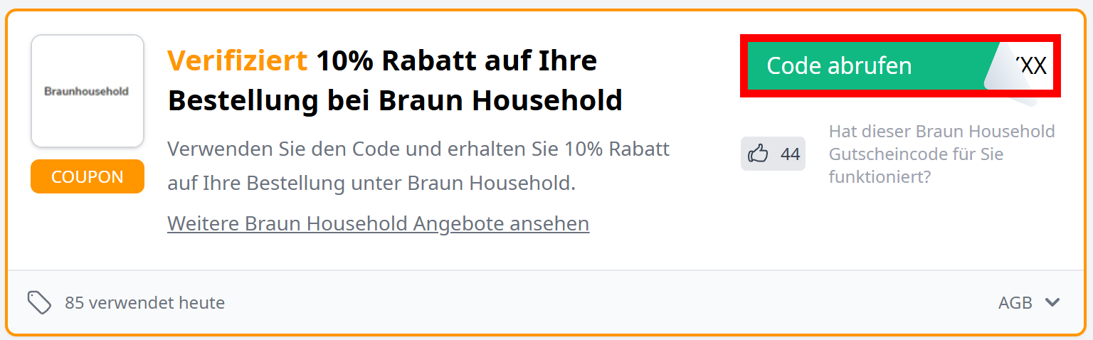 Infos zu einem Rabattcode von Braun Household mit einem rotmarkiertem Abruf-Button