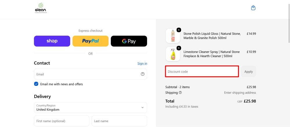 Go Glean Ltd checkout page where you paste the code highlighted in the red box.