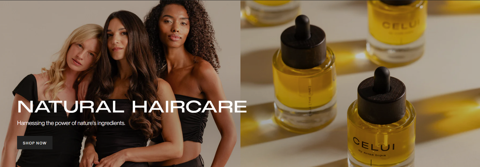 Three women with different hair types and bottles of CELUI's hydrating oil