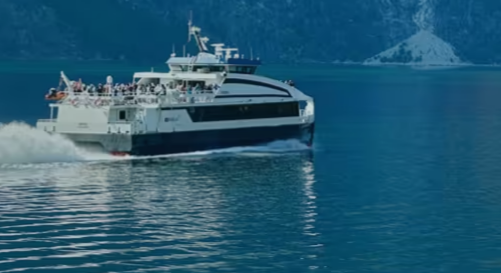 A ferry boat on sea with a group travelling together