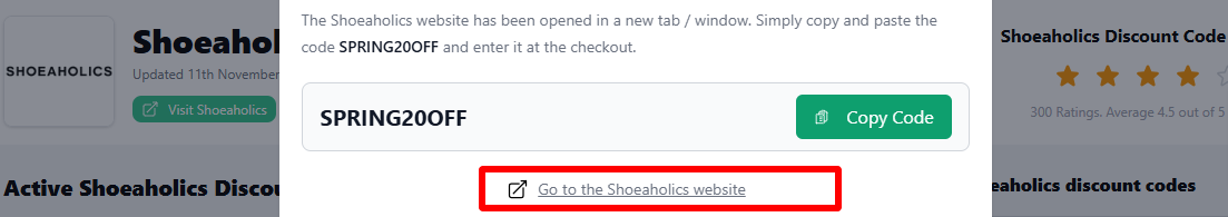 a highlighted link which customers can click after copying their Shoeaholics discount code