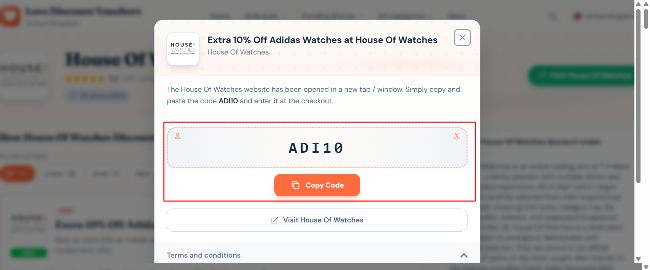 an extra 10% offer on Adidas watches at House Of Watches store