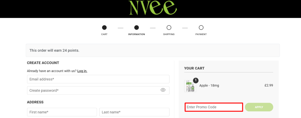 The checkout page for NVee, where you paste the code