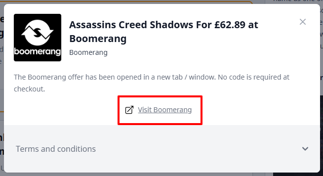 A opened Boomerang offer with "Visit Boomerang" in a red box.
