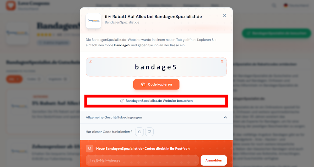 Ein offener Gutschein für BandagenSpezialist.de mit rotmarkiertem Link zum Onlineshop