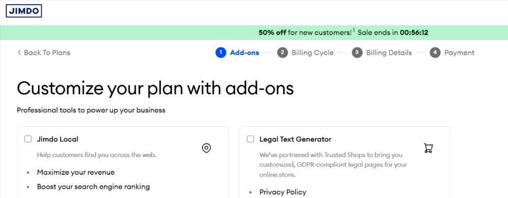 Customising a Jimdo business plan with add -ons