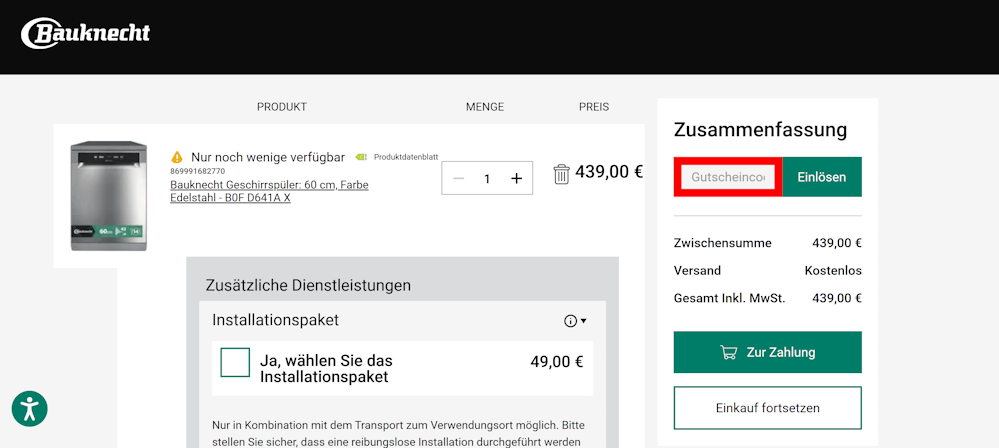 Warenkorb von Bauknecht mit rotmarkiertem Eingabefeld für Gutscheincodes