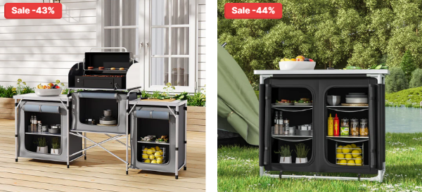 A collage of two types of foldable travel camping kitchen stands