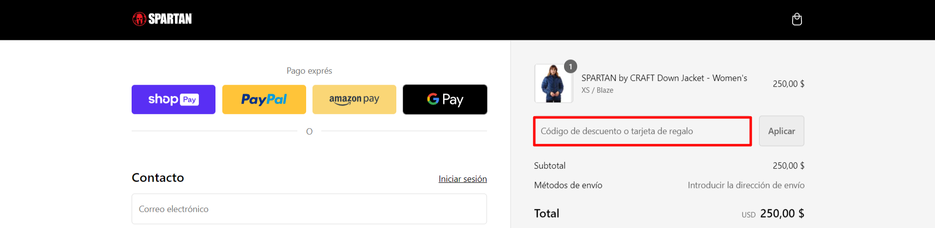 carrello del sito ufficiale Spartan in cui inserire il coupon Spartan per ricevere la promozione
