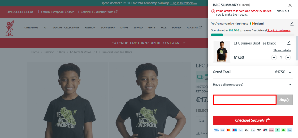 Bag summary where you apply your Liverpool FC discount code