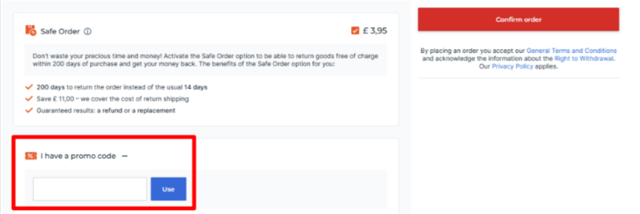 A promo code box on the Autodoc website highlighted with a red box