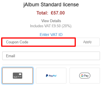 A box where you can add your jAlbum promo code to redeem it