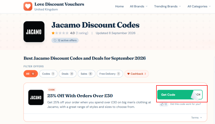Love Discount Vouchers website and a code on display for Jacamo shopers to copy