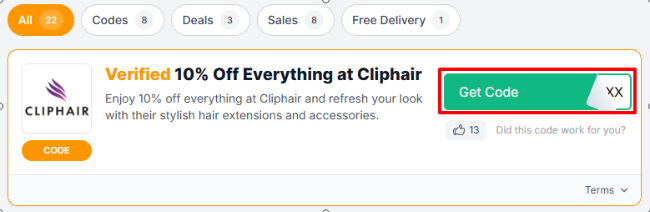 The Love Discount Vouchers page shows Cliphair UK promo codes and offers to use on your purchase