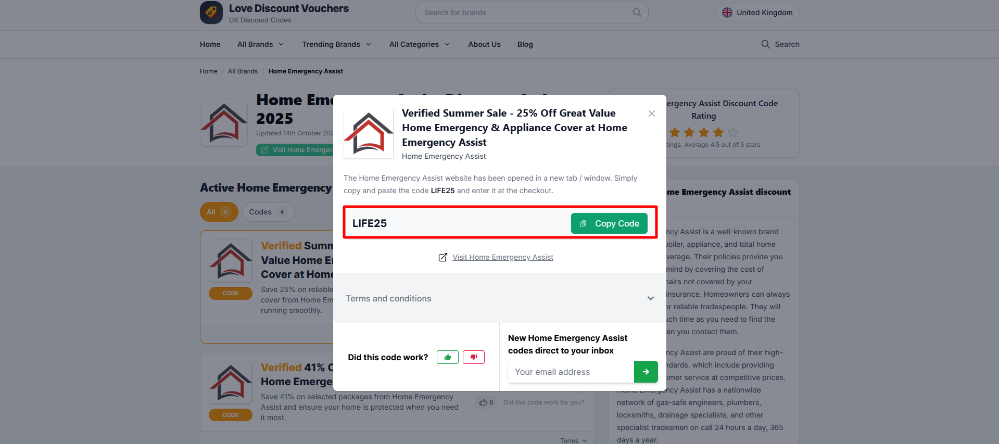 A Home Emergency Assist code on Love Discount Vouchers