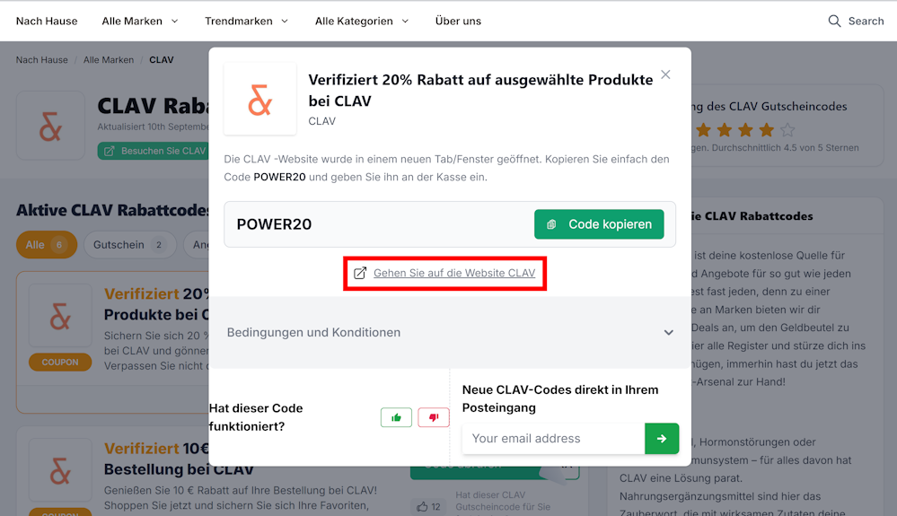 Ein offener CLAV Gutscheincode mit einem rotmarkierten Link