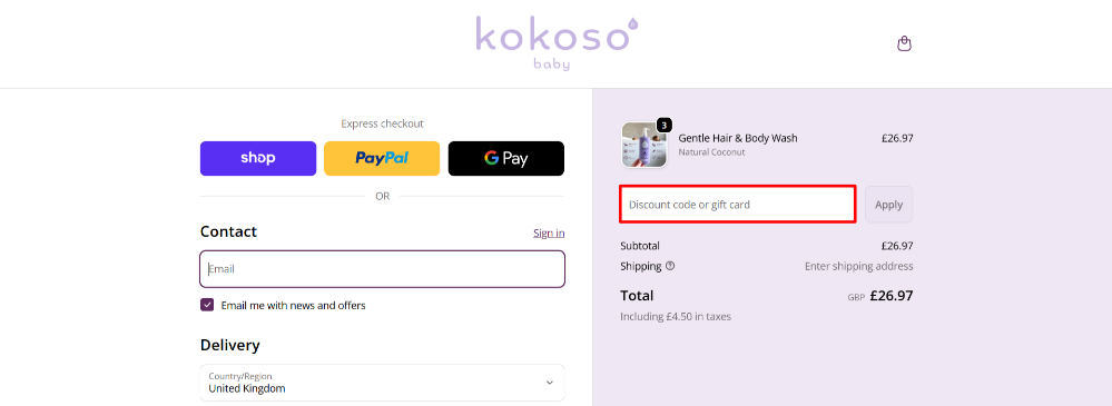 The Kokoso Baby checkout page