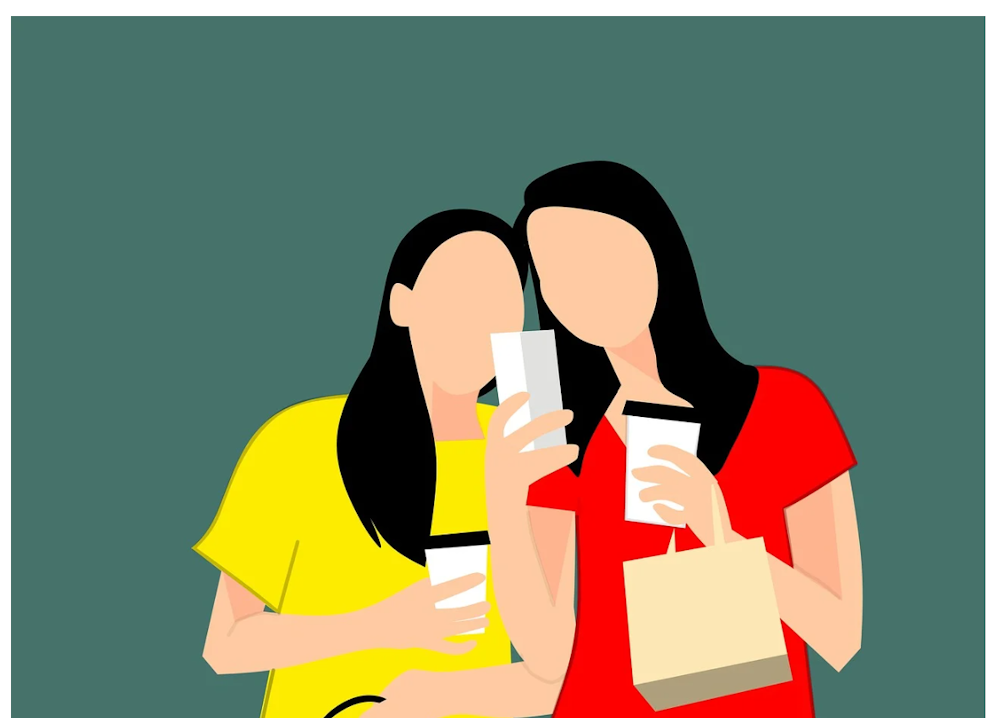 Simple Grafik mit zwei Frauen, die auf ein Smartphone schauen